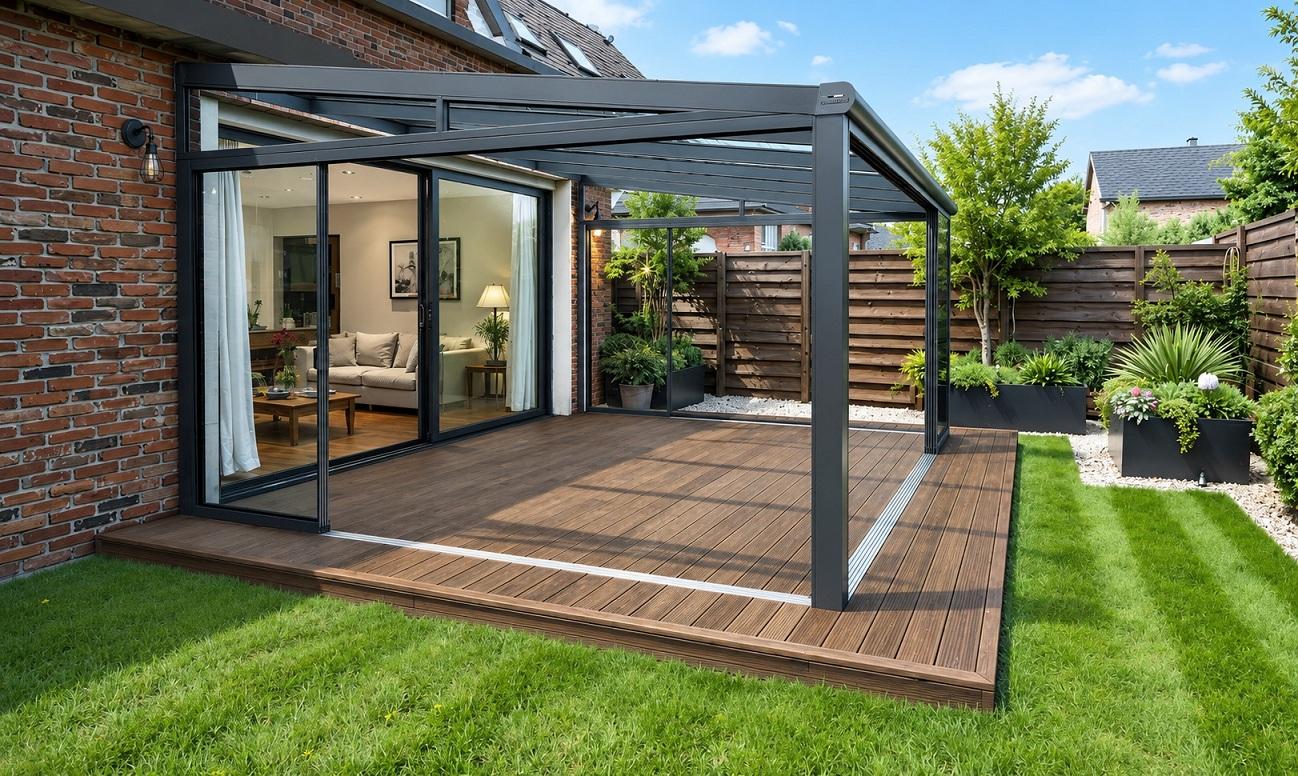 Duurzame bamboe vlonder voor in de tuin Bamboe vlonder als verhoogd tuinterras met loungeset en parasol