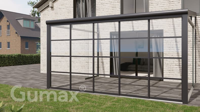 Steel Look mat antraciet veranda met glazen schuifwanden