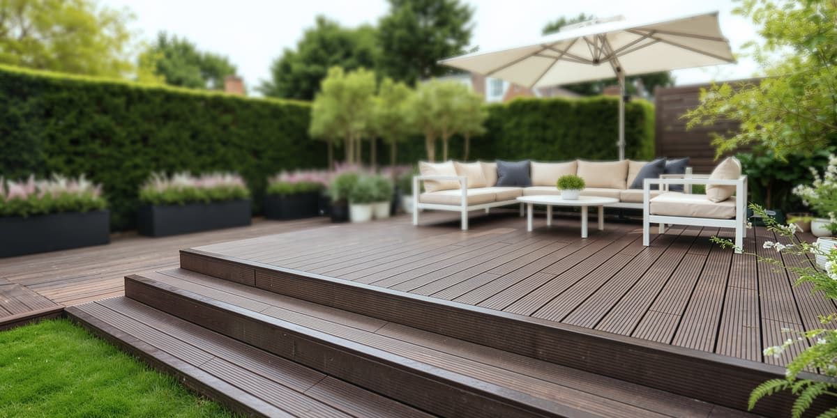 Duurzame bamboe vlonder voor in de tuin Bamboe vlonder als verhoogd tuinterras met loungeset en parasol