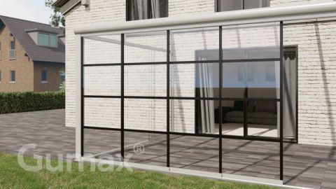 Steel Look glass sliding door 4-rail system matt white 3920mm wide with passage height of 2130mm – 2170mm