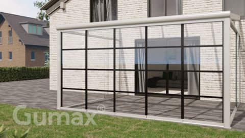 Steel Look glass sliding door 5-rail system matt white 4900mm wide with passage height of 2030mm – 2070mm