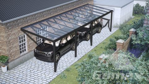 Moderne carport in mat zwart van 11,06 x 3 meter met glazen dak