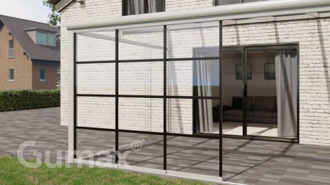 Steel Look glass sliding door 3-rail system matt white 2940mm wide with passage height of 2130mm – 2170mm