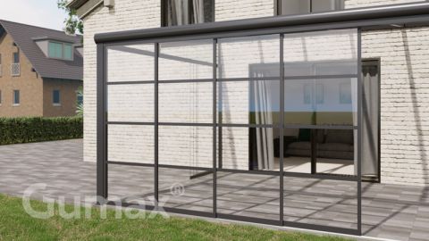 Steel Look glass sliding door 4-rail system matt anthracite 3920mm wide with passage height of 2330mm – 2370mm